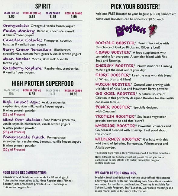 Menu au Booster Juice pub et bar, Burnaby, Kingsway