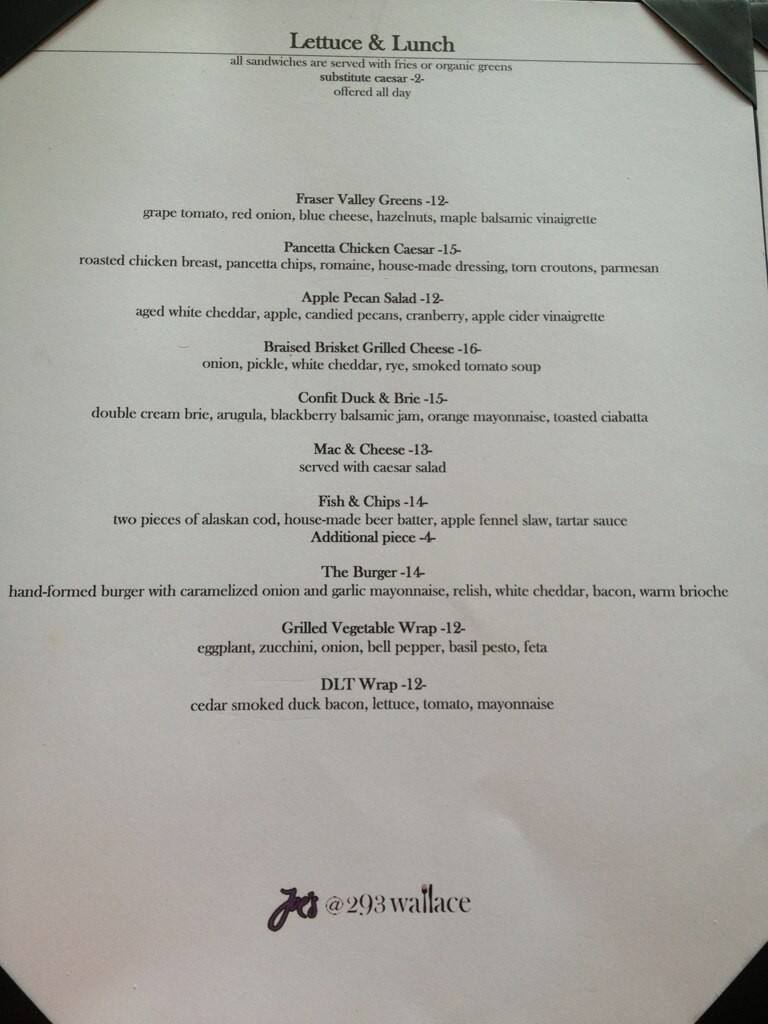 293 Wallace Street Restaurant menu Urbanspoon/Zomato