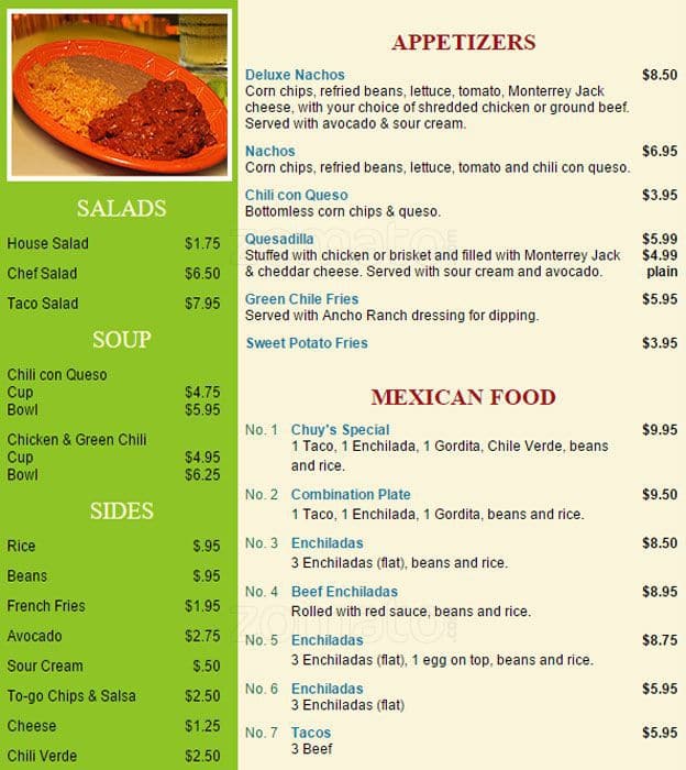 Chuy's Restaurant Menu, Menu for Chuy's Restaurant, Van Horn, Van Horn ...