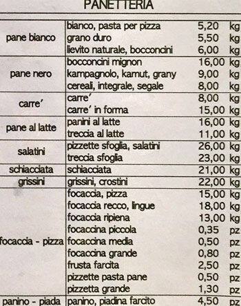 Menu di Casa del Pane 