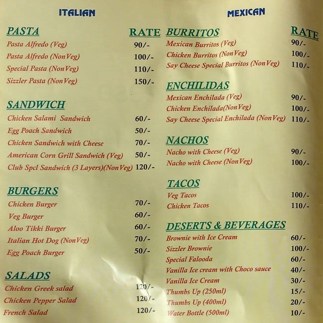 Say Cheese Food Van Menu Menu For Say Cheese Food Van Chandrasekharpur Bhubaneshwar