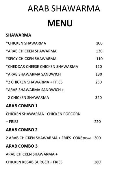 Menu of Arab Shawarma, Chromepet, Chennai