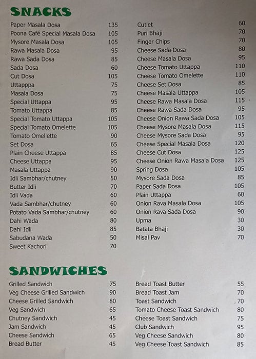 Poona Cafe menu