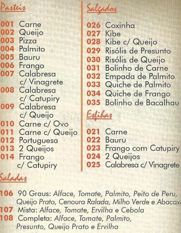 90 Graus Restaurante cardápio