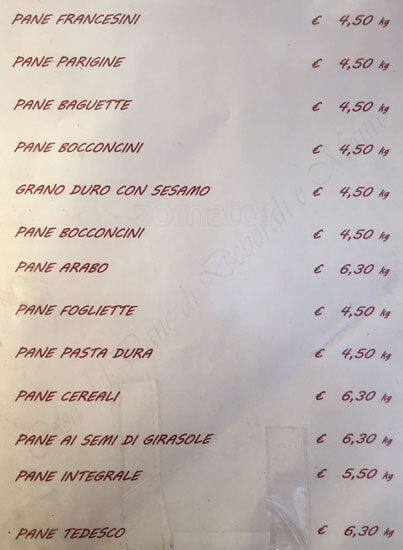 Menu di Casa del Pane 