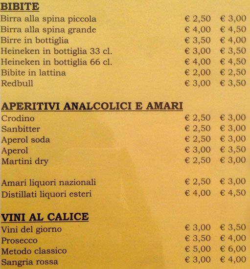 Menu di Bar Arcobaleno Milano 