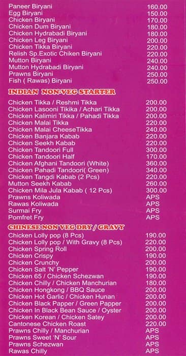 Relish Family Restaurant menu