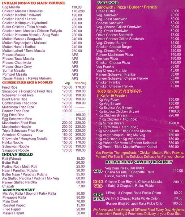 Relish Family Restaurant menu