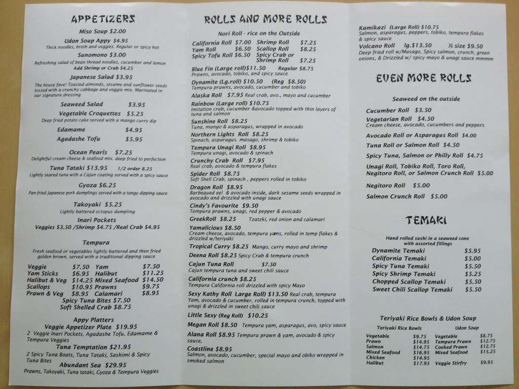 Menu at Blue Water Sushi restaurant, Smithers