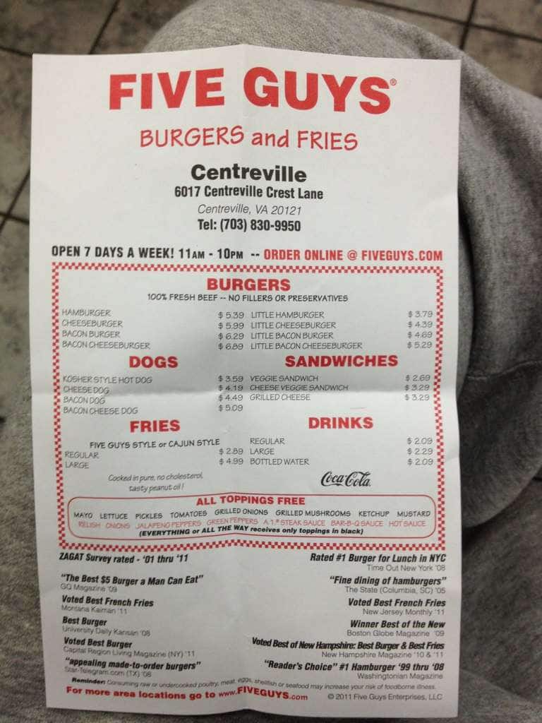 Five Guys Burgers and Fries Menu