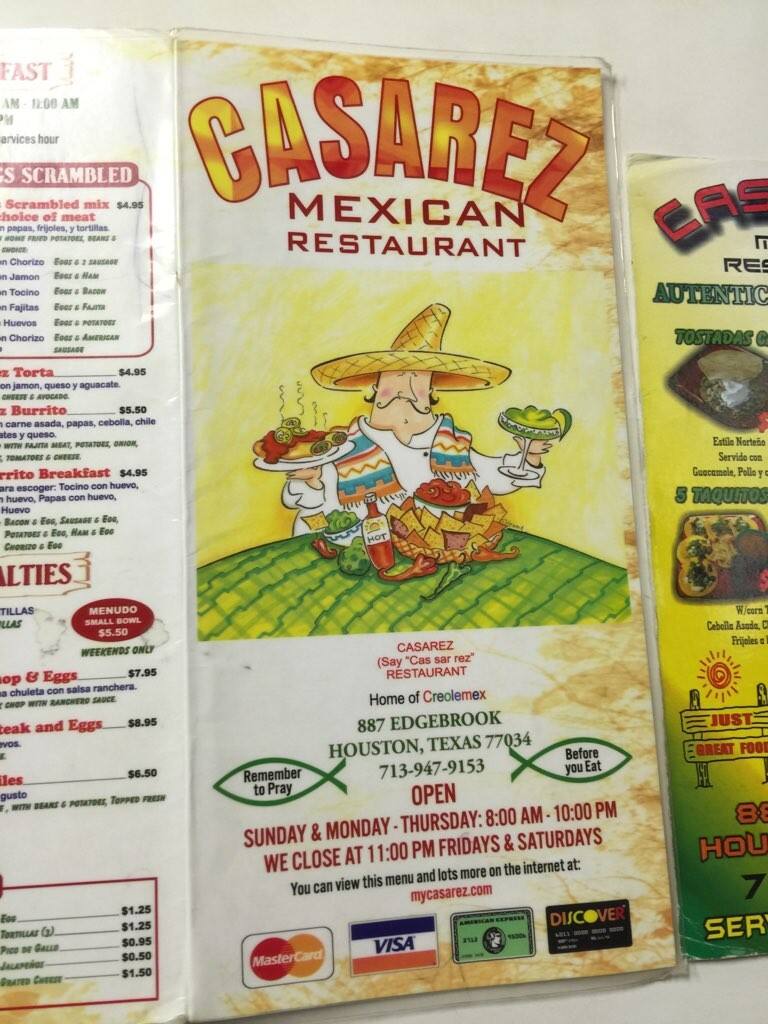 Menu at Casarez restaurant, Houston, 887 Edgebrook Dr