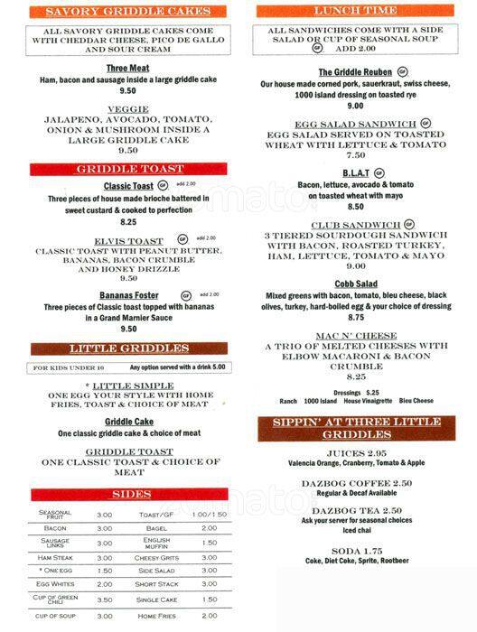 Menu at Three Little Griddles restaurant, Aurora, S Gun Club Rd F2