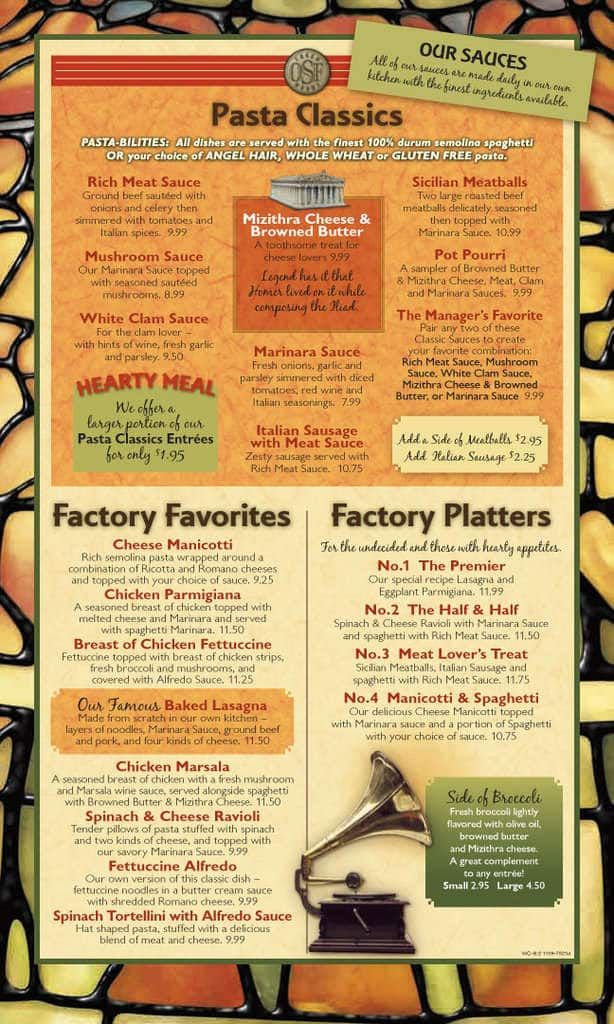 Menu At The Old Spaghetti Factory Restaurant Phoenix N Central Ave 0490