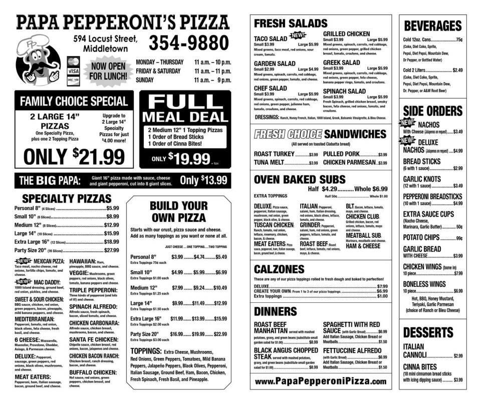 Menu at Papa Pepperoni's Pizza pizzeria, Middletown