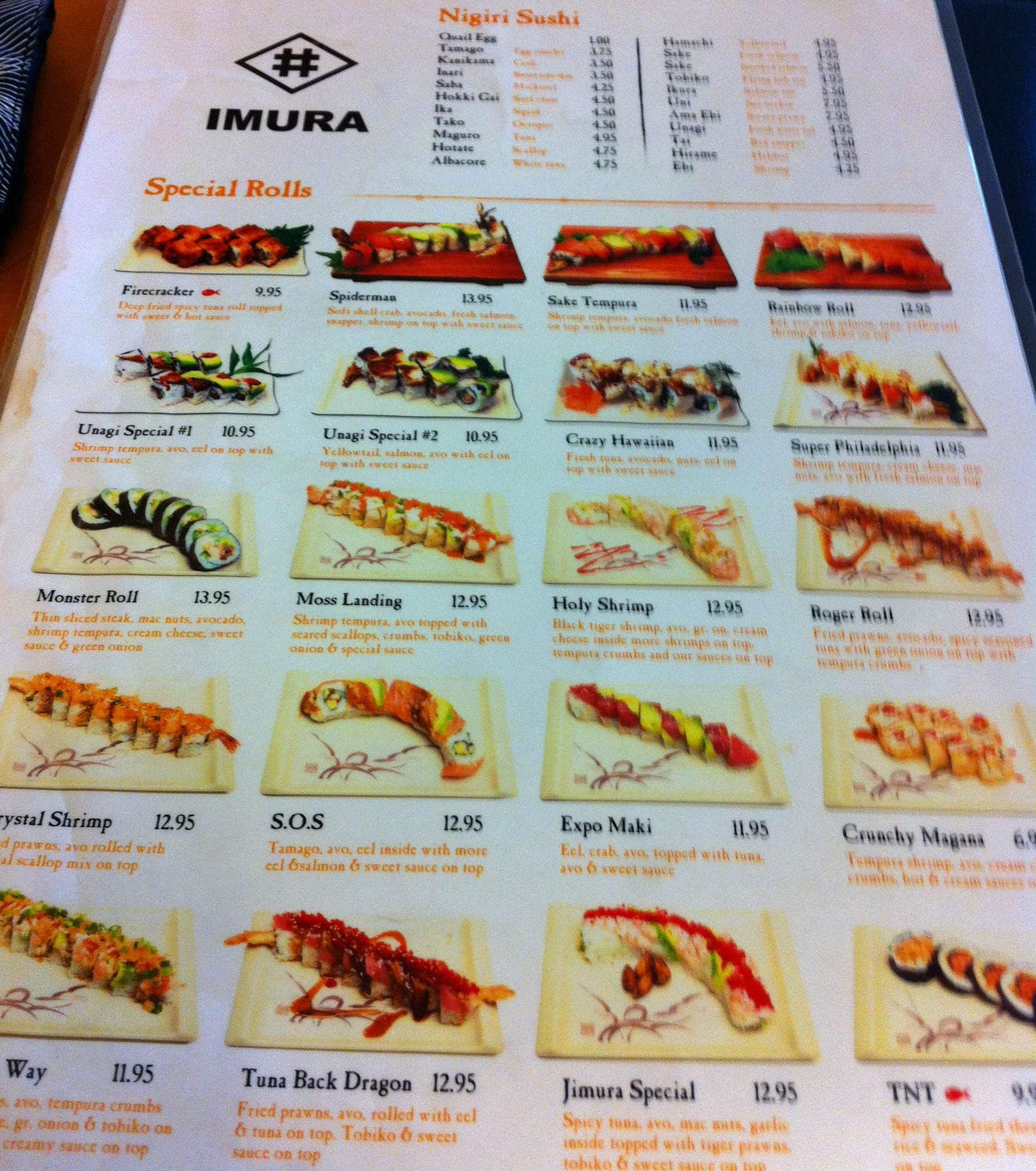 Menu at IMURA Japanese Restaurant, Watsonville