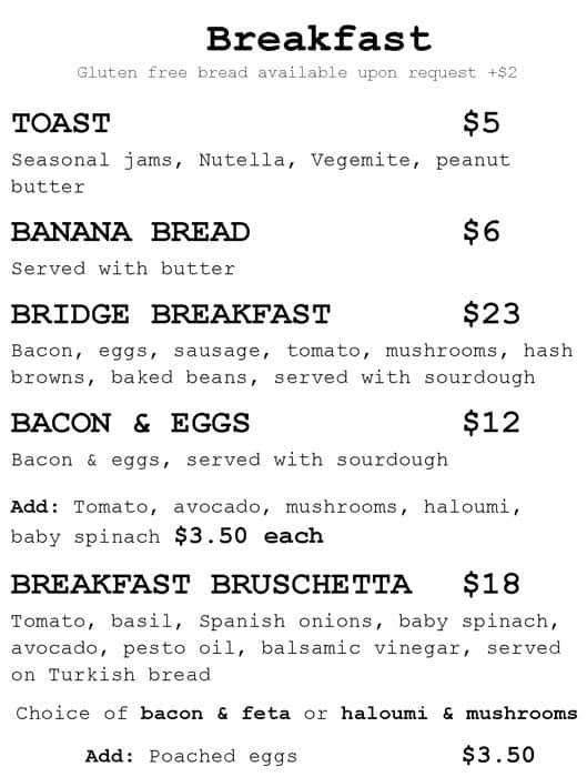 Bridge cafe Menu, Menu for Bridge cafe, Windsor, Sydney Urbanspoon/Zomato