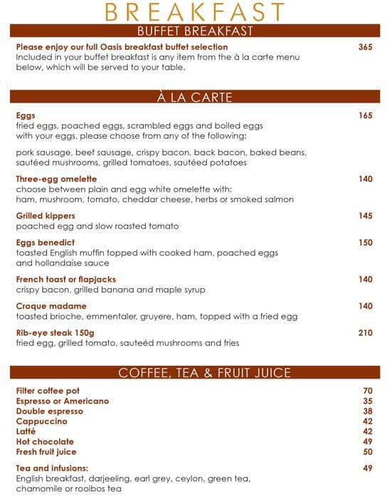 Oasis - Mount Nelson Hotel Menu - Zomato SA