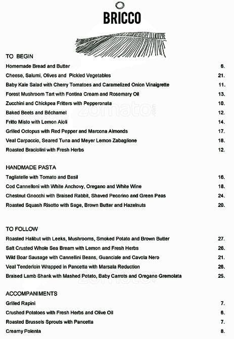 Bricco Menu, Menu for Bricco, The 