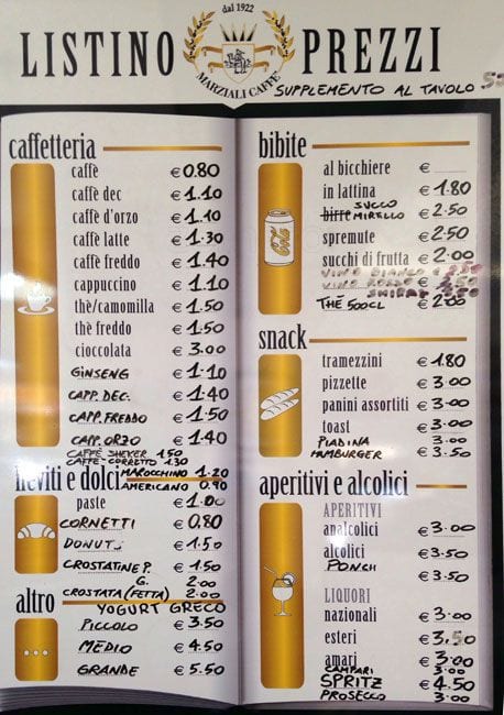 Menu di Bar Regina 