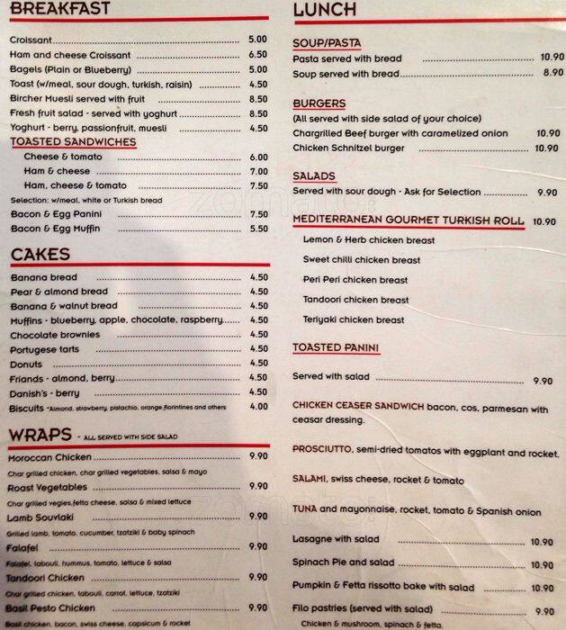 Signature Espresso Menu, Menu for Signature Espresso, CBD, Sydney