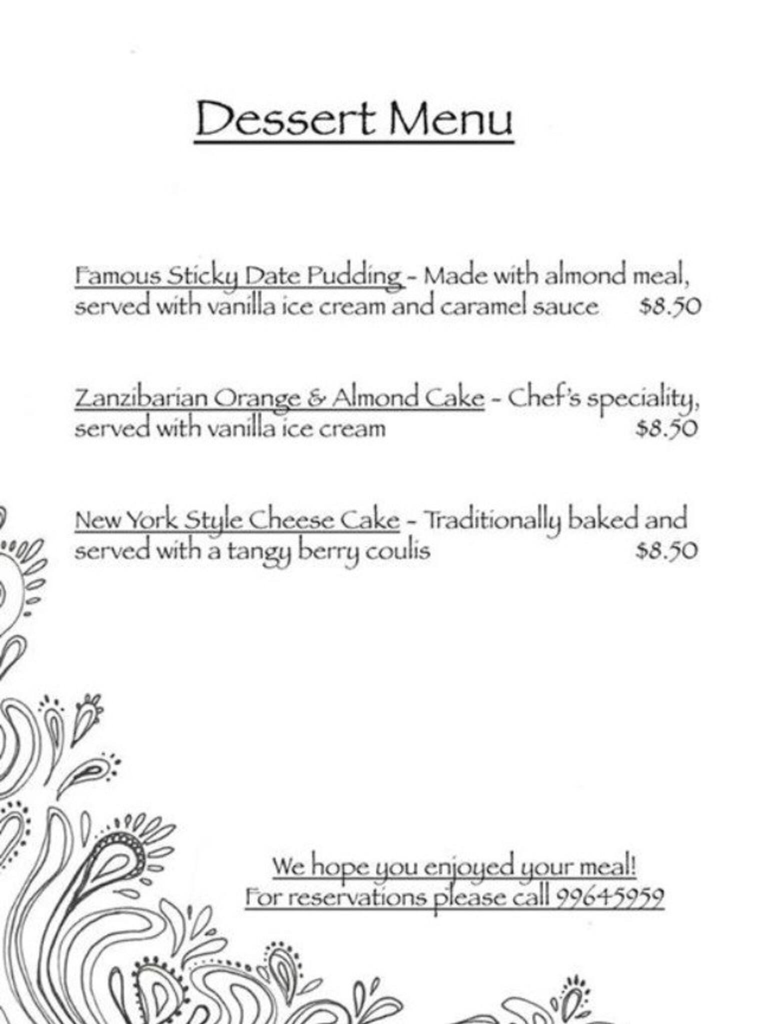 Menu at Archipelago restaurant, Geraldton