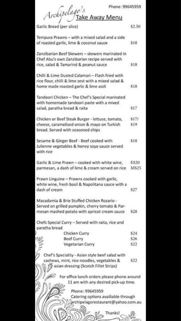 Menu at Archipelago restaurant, Geraldton