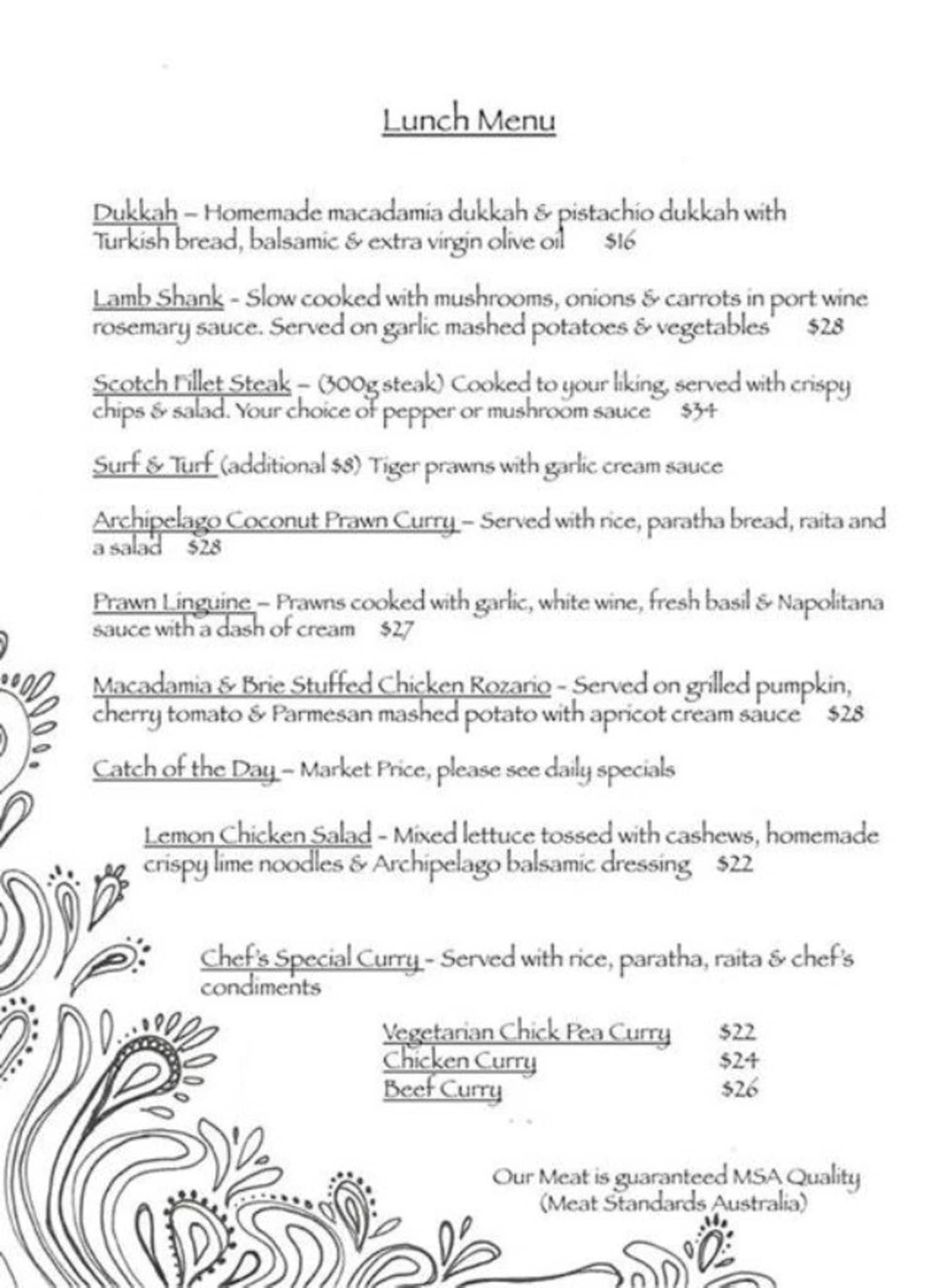Menu at Archipelago restaurant, Geraldton