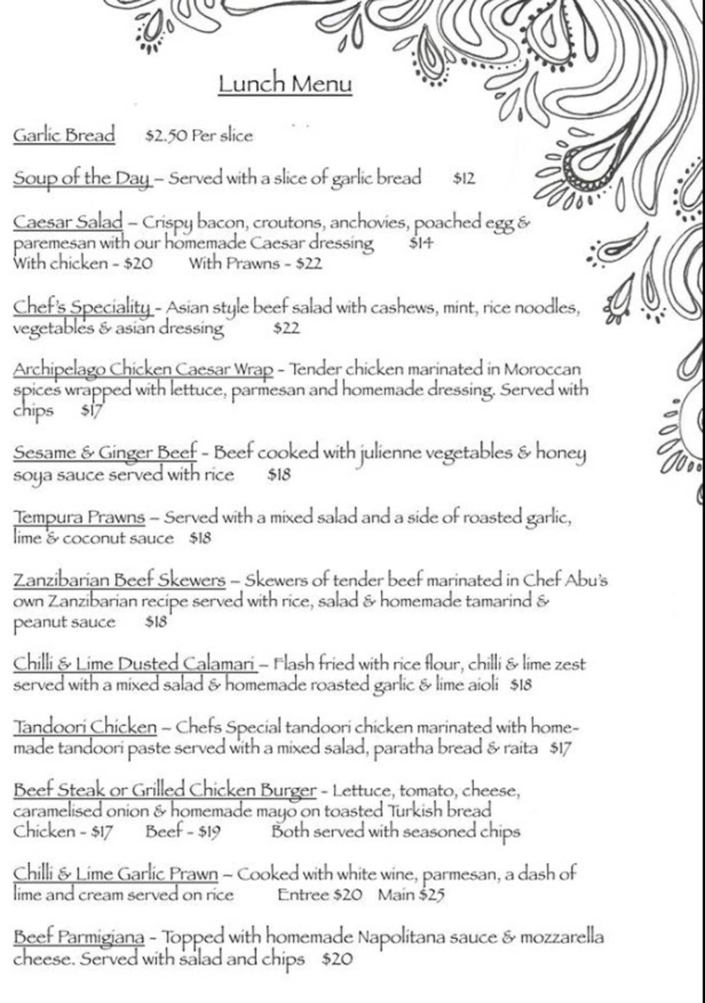 Menu at Archipelago restaurant, Geraldton