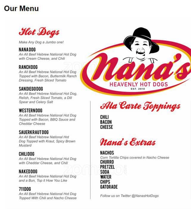 Nana's Heavenly Dogs Menu Urbanspoon/Zomato