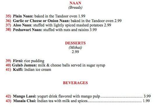 Taj Mahal menu