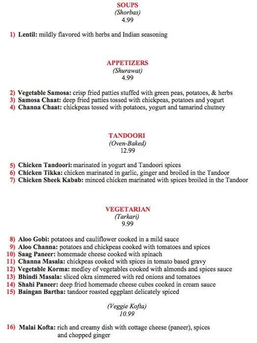 Taj Mahal menu