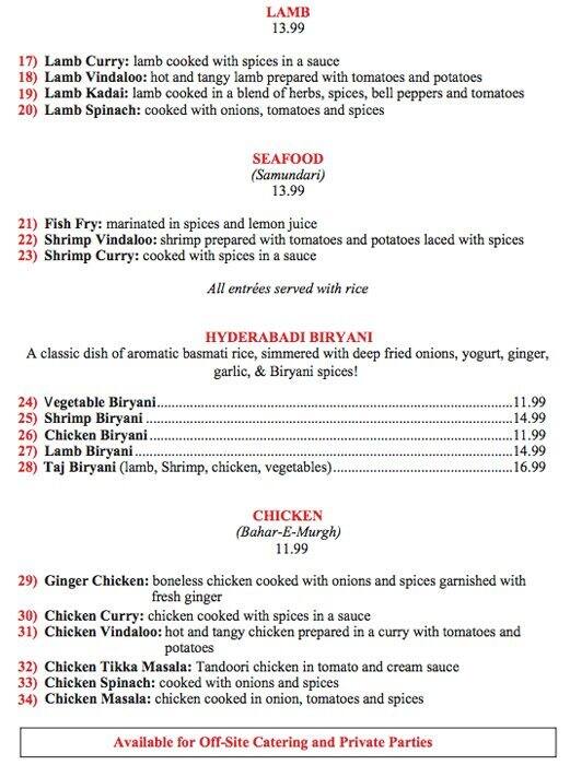 Taj Mahal menu