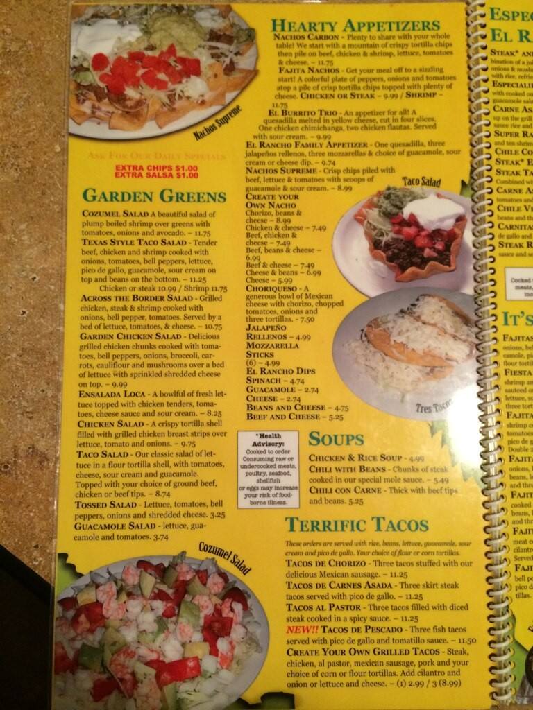 Menu at El Rancho restaurant, Greenville