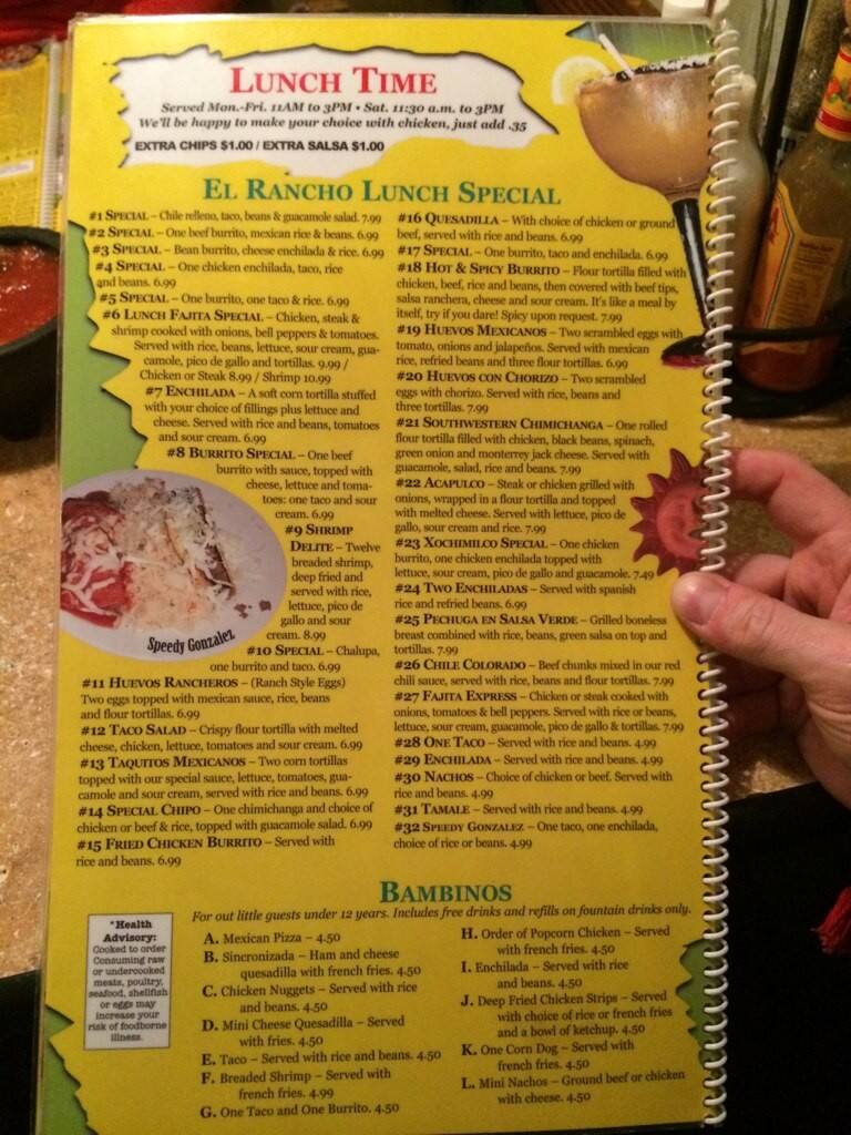 Menu at El Rancho restaurant, Greenville