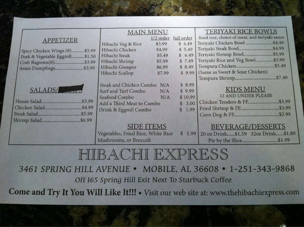 Hibachi Express Menu, Menu de Hibachi Express, Mobile, Mobile Bay