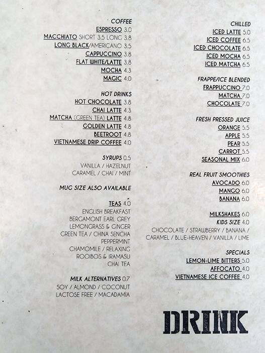 Menu at Grind Coffee Bar, Sunshine