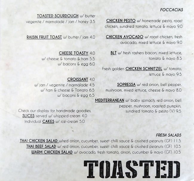 Menu at Grind Coffee Bar, Sunshine