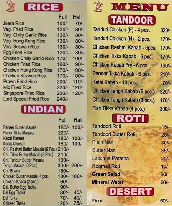 Lord Fast Food Centre menu