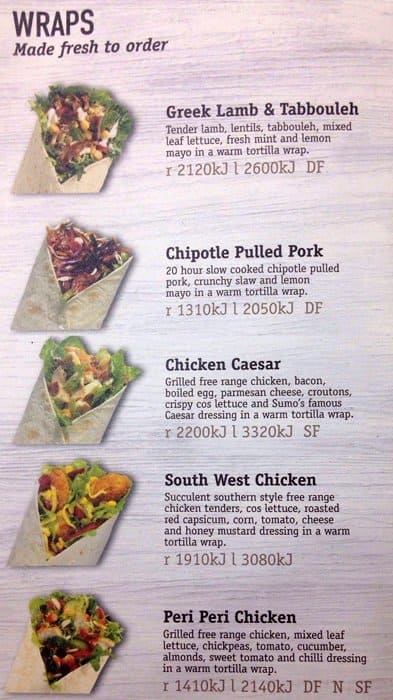 Menu at Sumo Salad fast food, Sydney, 168 Pitt St