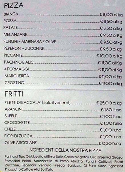 Menu di Pizzeria al Taglio da Santino 