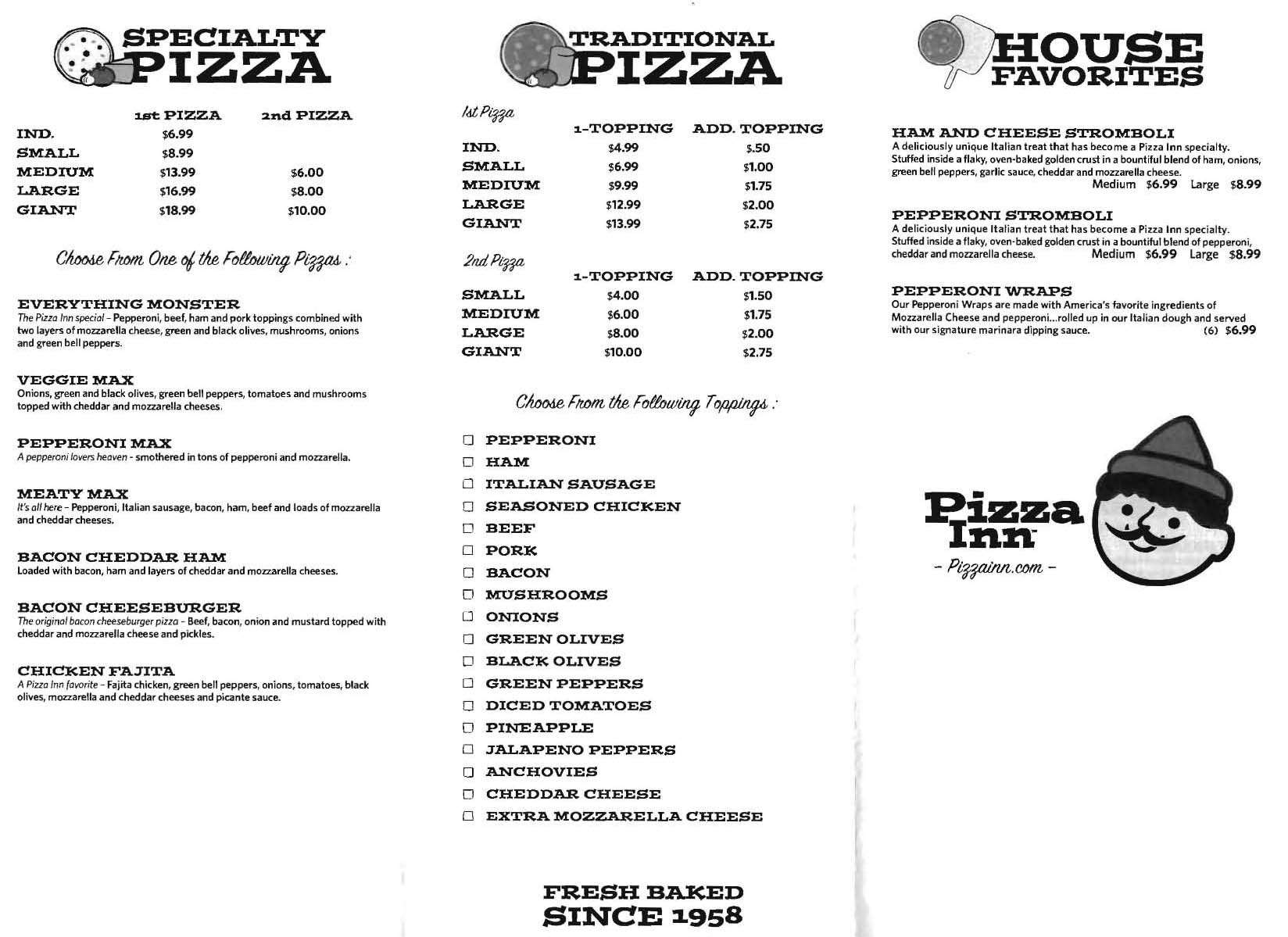Carta de Pizza Inn