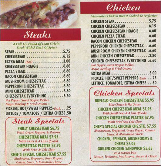 Menu at Chef's Spot pizzeria, Upper Darby