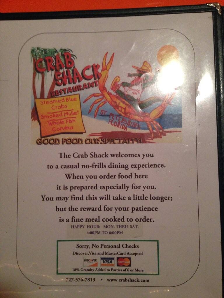 Crab Shack menu, Menu restauracji Crab Shack, Northeast St Petersburg