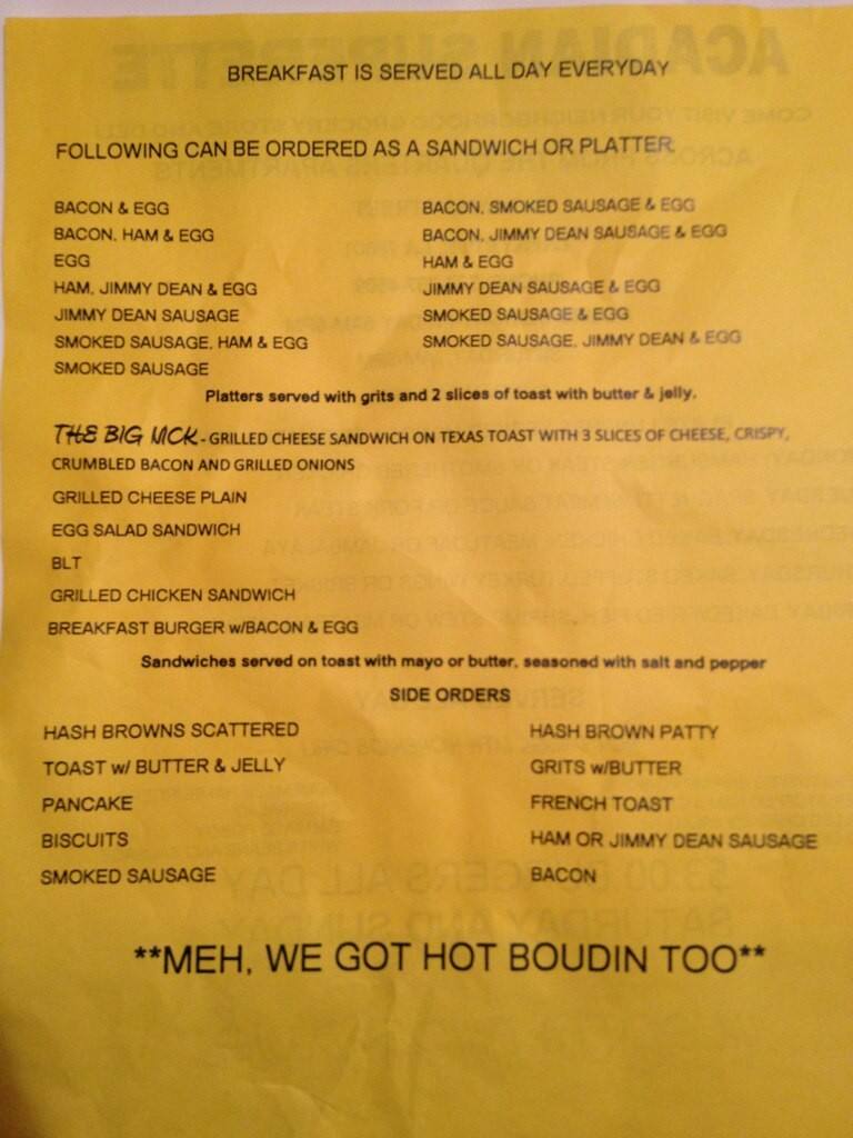 Menu at Acadian Superette restaurant, Lafayette