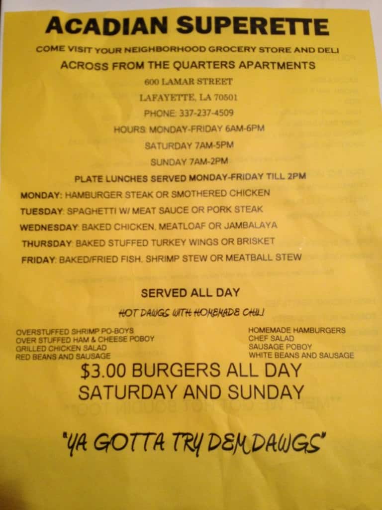 Menu at Acadian Superette restaurant, Lafayette