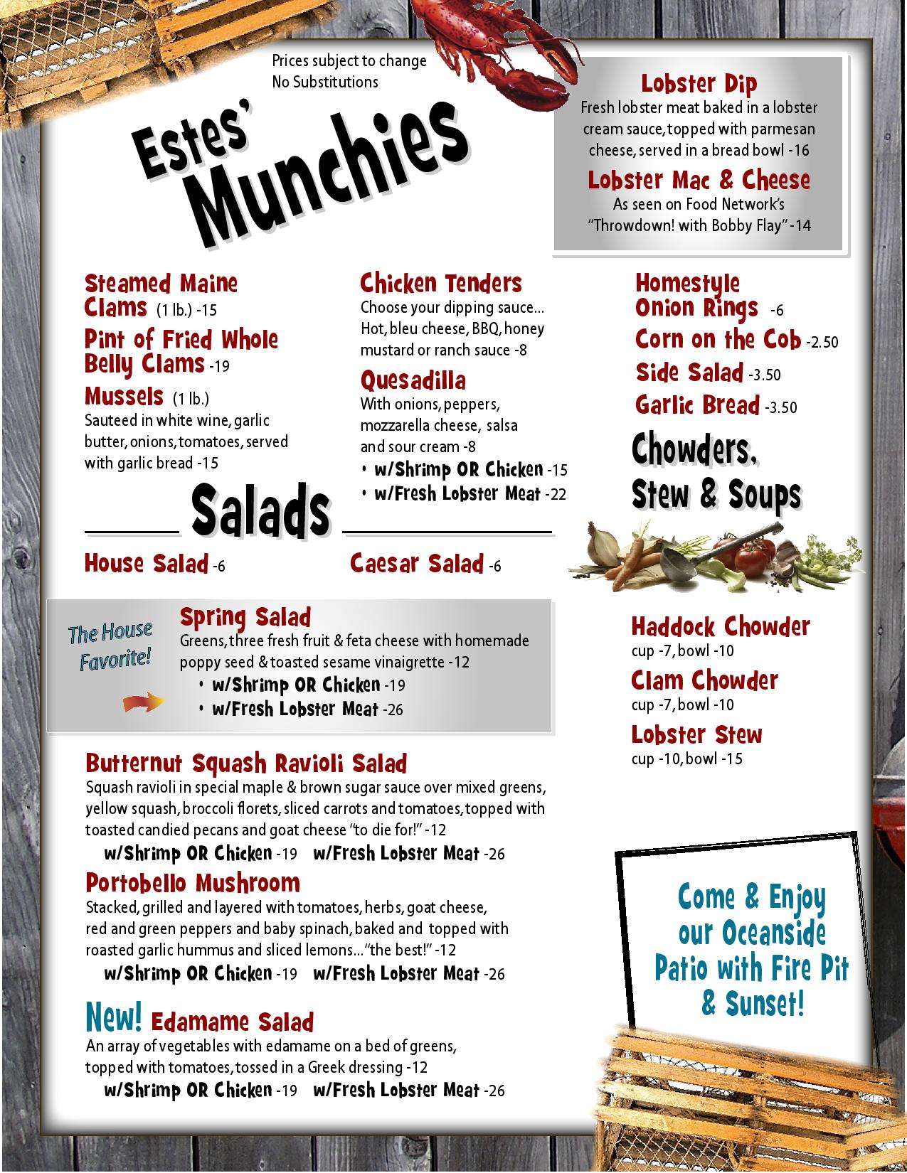 Menu at Estes Lobster House restaurant, Harpswell, Harpswell Neck Rd