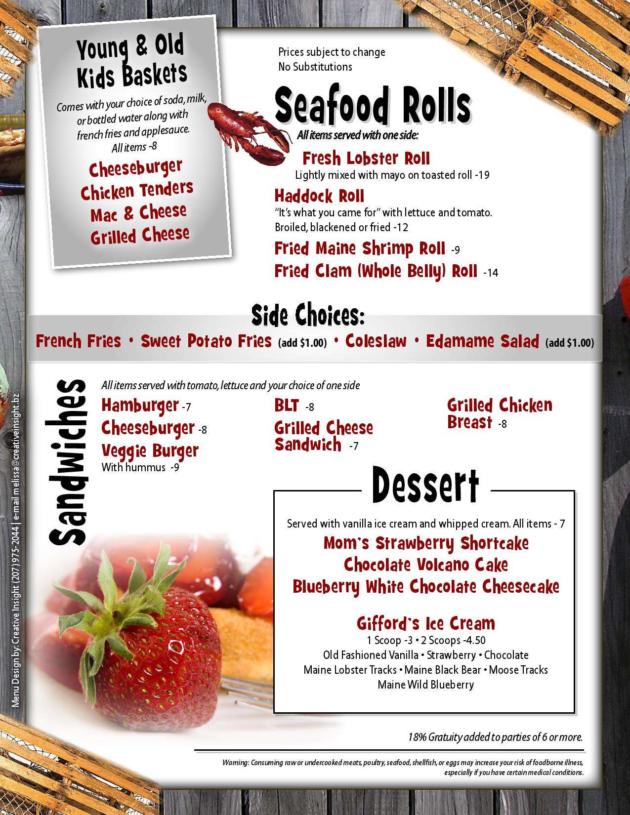 Menu at Estes Lobster House restaurant, Harpswell, Harpswell Neck Rd