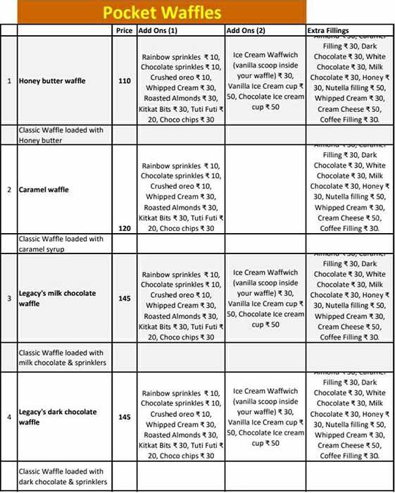 Menu of Legacy's Waffles, Marol, Mumbai
