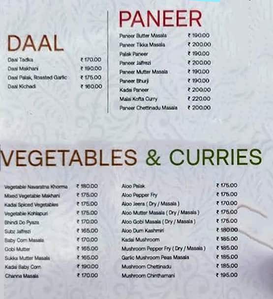 Menu of Nagerkovil Arya Bhavan, Peelamedu, Coimbatore
