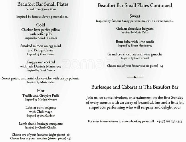 Menu At The Beaufort Bar Savoy Hotel London